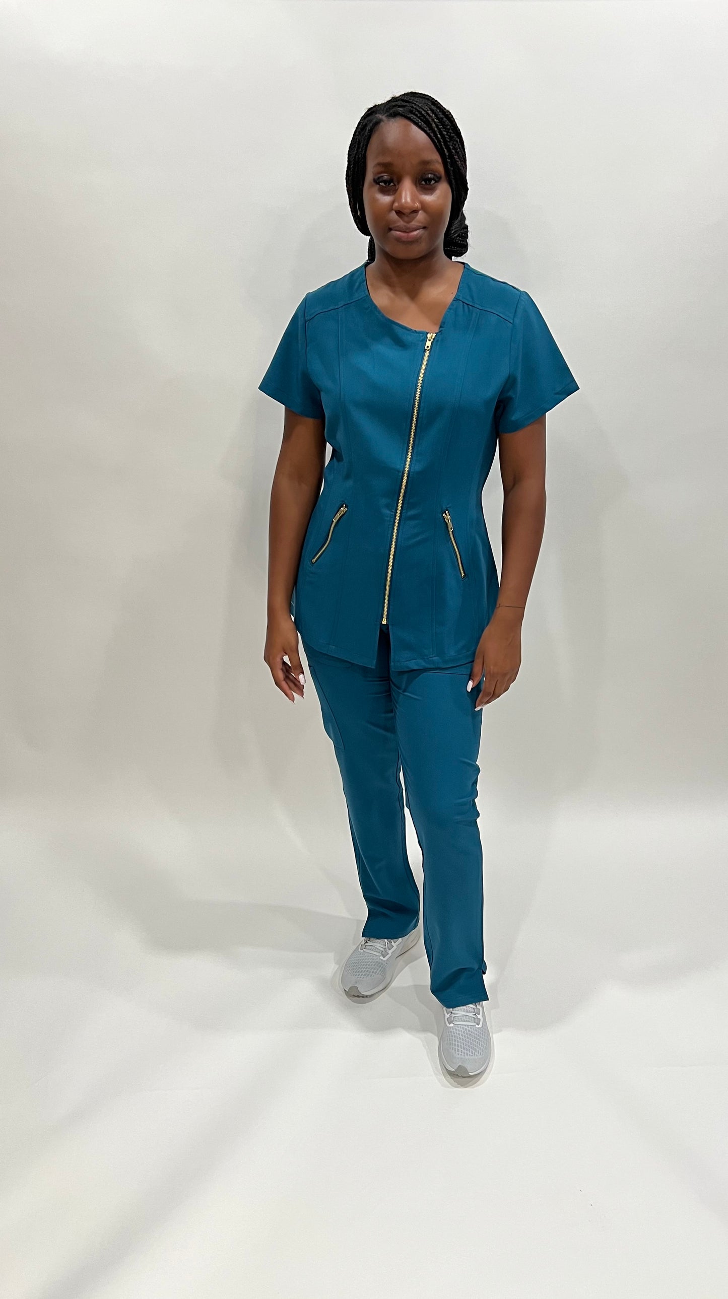 Coffee Street Apparel's "Anisa" Women's Scrub set comes in  Caribbean Blue and Melange Grey  High Quality TRS Fabric 72% Polyester 21%Rayon 7% Spandex Soft, Light, Comfortable, 4 way stretch.