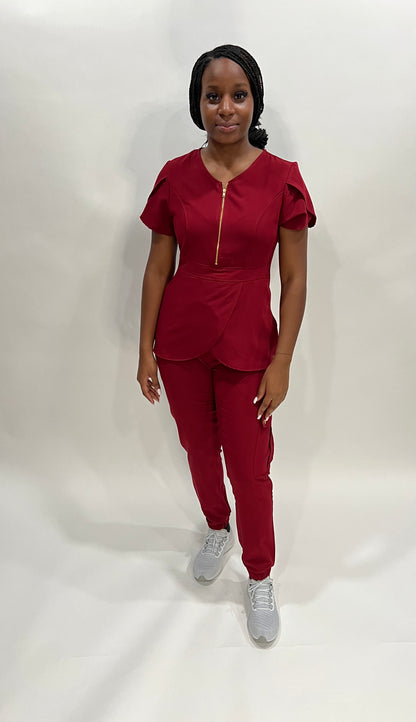 Coffee Street Apparel's "Dawn" Women's Scrub set comes in Burgundy and Melange Grey High Quality TRS Fabric 72% Polyester 21%Rayon 7% Spandex Soft, Light, Comfortable, 4 way stretch.