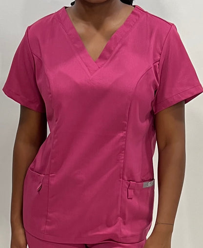 Coffee Street Apparel's "Sasha" Women's Scrub Top comes in Fuchsia Pink Navy Blue and Burgundy  High Quality Fabric 72% Polyester 22%Rayon 6% Spandex Soft, Light 4 way stretch antibacterial moisture wicking.